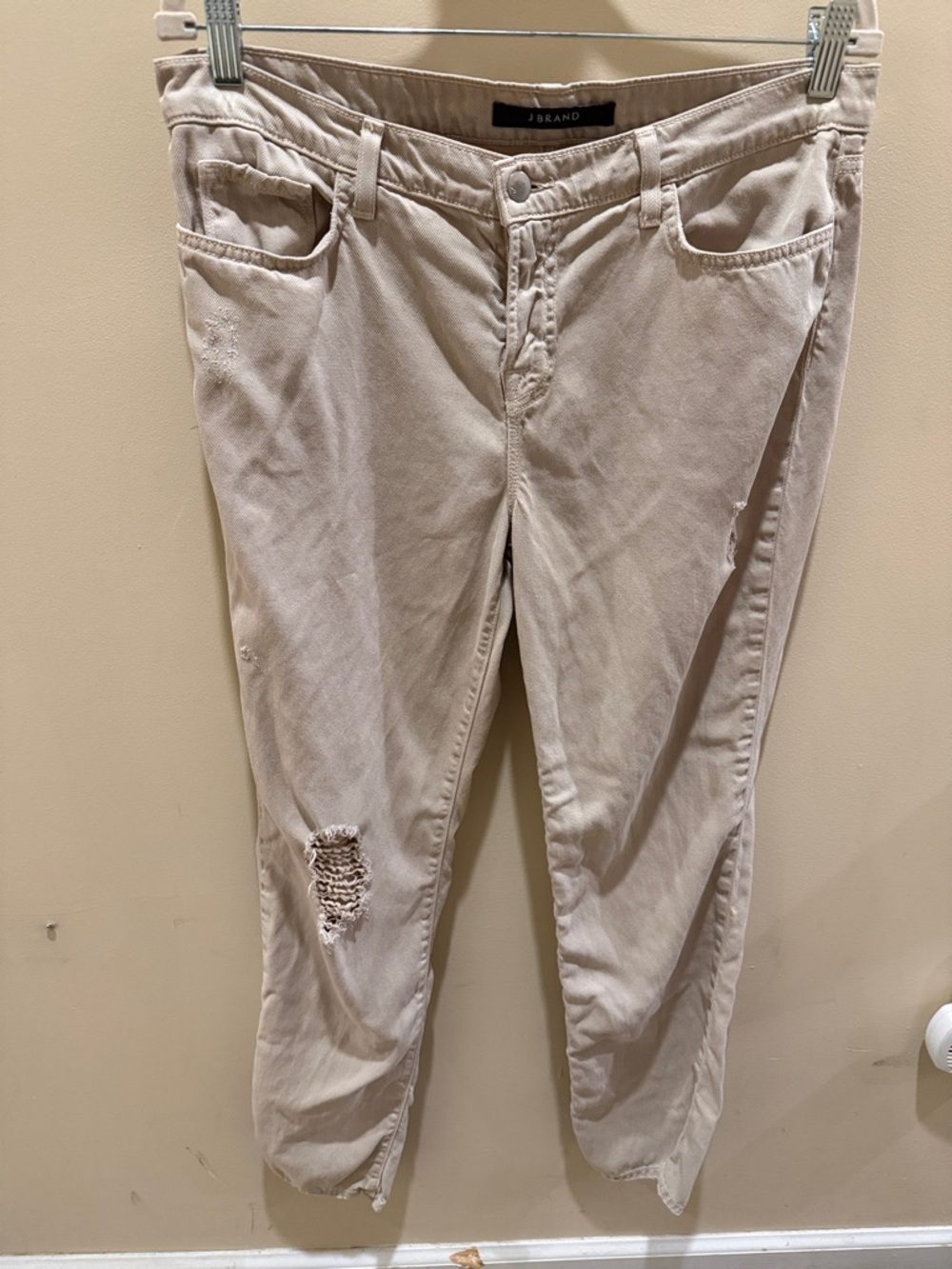 J Brand Beige Distressed Boyfriend Jeans